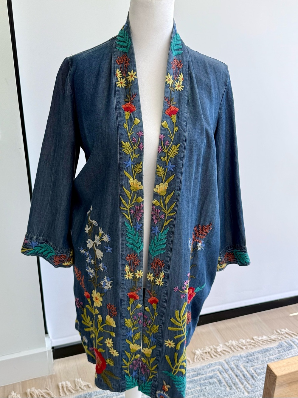 Johnny Was Indigo Denim Embroidered Floral Kimono